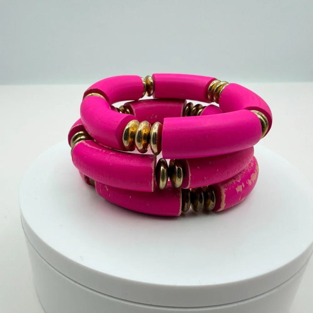 Vintage 90s Hot Pink Tube Beaded‎ Stretch Bracelet Set 3pc Gold Tone Jewelry